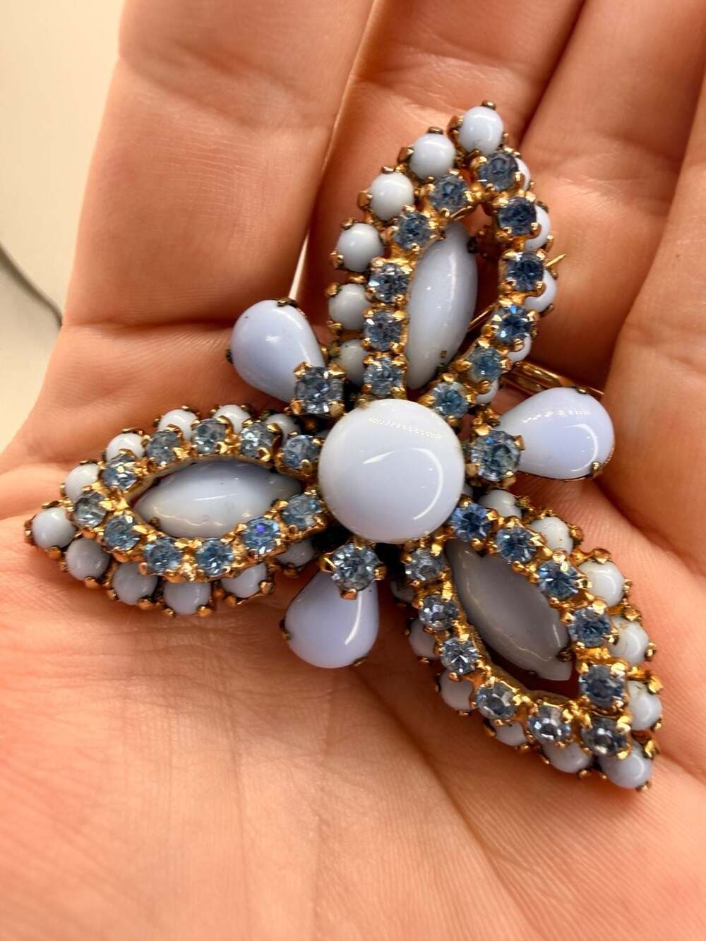 Vintage Blue Milk Glass And Rhinestone Flower Brooch Pin
